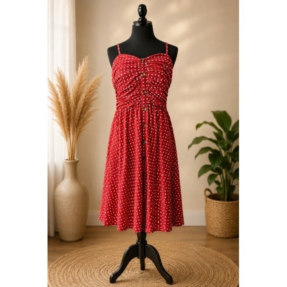 DM Red Polka Dot Ruched Midi Dress Womens Large DM044 Rockabilly Retro